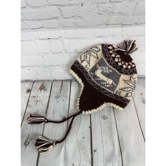Unbrended 100% alpaca wool knit fleece lined brown grey ivory hat Bolivia - Picture 2 of 9